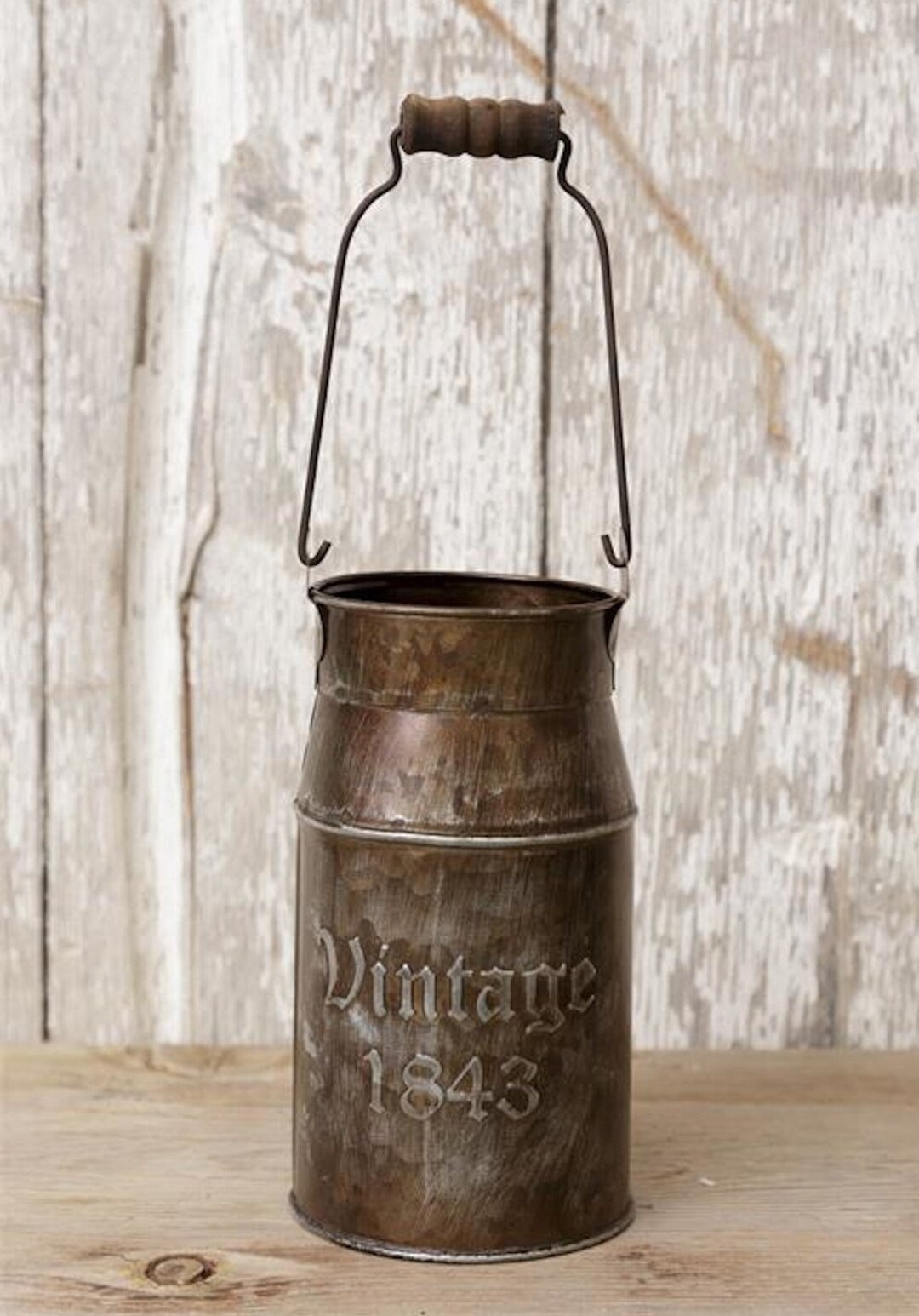 Decorative Milk Can Withwooden Handle vintage 1843 Galvanized Metal