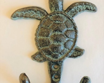 Hand painted, Sea Turtle Wall Hook, Iron, Verdigris ,Double Hooks, Nautical Beach Lake House, Craft idea, home improvement project.