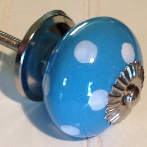 Pu&ograve; includere: Un pomello in ceramica blu con pois bianchi e una base in metallo argentato. Il pomello ha un bordo decorativo a festoni.