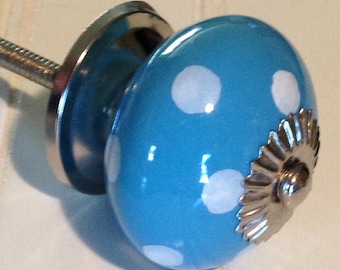 Ceramic Knobs Blue Polka Dots Cabinet Knob Pottery Drawer Pull