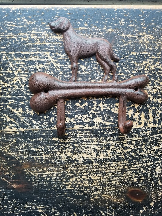 Cast Iron Dog Wall Hook Dog & Bone Shapes 2 Hooks Rustic Brown