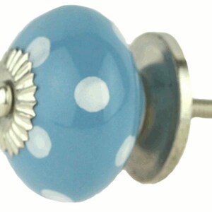 May include: A light blue ceramic knob with white polka dots and a silver metal base. The knob has a decorative silver metal trim around the base.