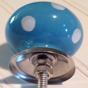 May include: A blue ceramic knob with white polka dots and a silver metal base. The knob is attached to a silver metal screw.
