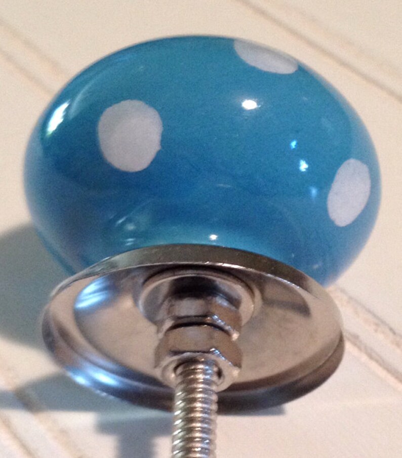 May include: A blue ceramic knob with white polka dots and a silver metal base. The knob is attached to a silver metal screw.