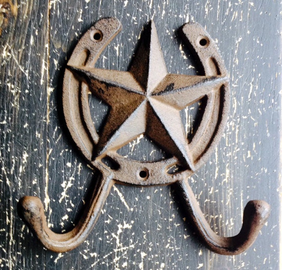 Western Cast Iron Double Wall Hook, Texas Star, Barn Star, Horse