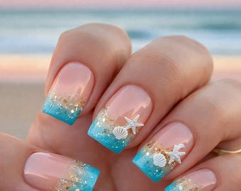 Blue Beach French Tip Press On Nails Starfish Shell Design Glossy Almond Shape Ocean Summer Vacation Nails Reusable Fake Nail Set