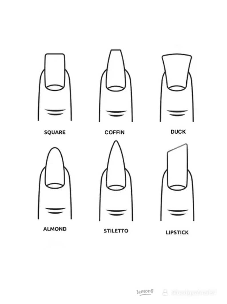 May include: A monochrome diagram illustrating six nail shapes: square, coffin, duck, almond, stiletto, and lipstick. Each nail style is clearly labelled. This image serves as a visual guide for nail technicians and enthusiasts.