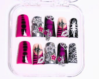 Barbiecore Y2K Pink & Black Handmade Reusable Press on Nails