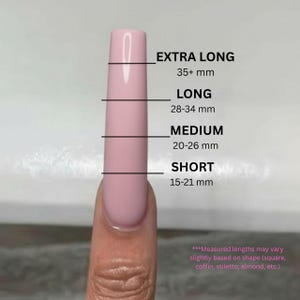 May include: A pink nail with a length guide. The guide shows measurements for Extra Long (35+ mm), Long (28-34 mm), Medium (20-26 mm), and Short (15-21 mm) nail lengths. Text at the bottom states that lengths may vary based on shape.