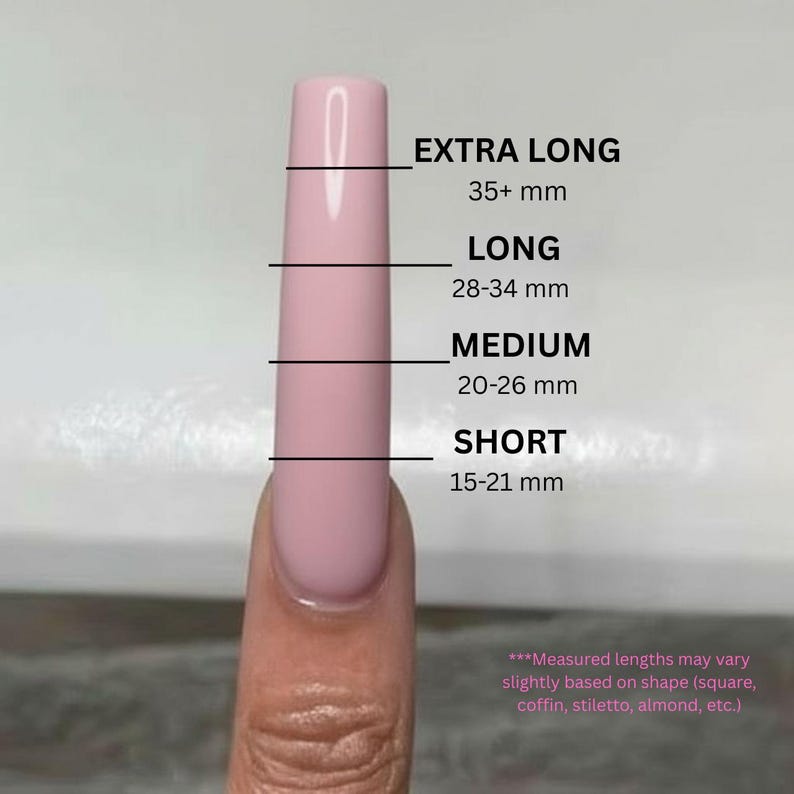 May include: A pink nail with a length guide. The guide shows measurements for Extra Long (35+ mm), Long (28-34 mm), Medium (20-26 mm), and Short (15-21 mm) nail lengths. Text at the bottom states that lengths may vary based on shape.