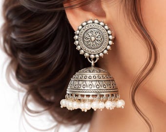Ethnic Oxidized Jhumka Earrings with Pearls | Vintage Style Jewelry | Gift for her