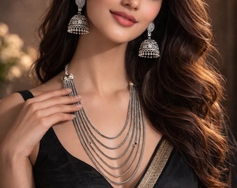 Urban Oxidized Silver Layered Chain Necklace Set (5 Layers) with Jhumka Earrings – Ethnic Boho Statement