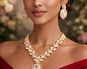 Gold Plated Polki Kundan Necklace Set, Meenakari Pendant Moissanite Uncut Diamond Bridal Jewelry
