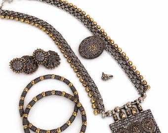 Dual Tone Oxidised Necklace Set, Long Traditional Temple Jewelry, Ethnic Statement Set