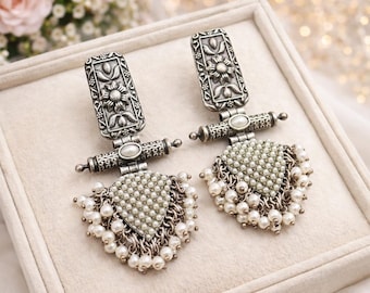 Oxidized Pearl Dangle Earrings | Indian Ethnic Jewelry Gift for Her