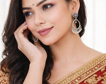 Women Traditional Silver Oxidised Jhumka Set | Chand Baliyan & Jhumkas Earrings |Gift for her