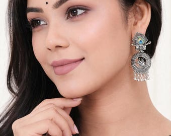 Oxidised Traditional Radha Krishna | Silver Beads Ethnic Jhumka | Antique women Earings| Gift for her