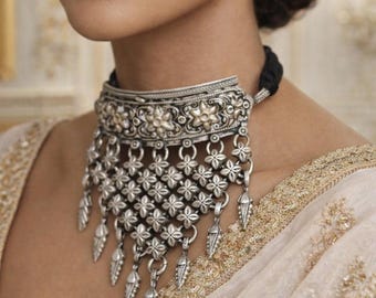 Oxidised Silver Tribal Choker Necklace, Vintage Hasli Torque,  Indian Handmade Jewelry, Gift for Her