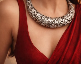 Tribal Banjara Boho Jewelry | Oxidized Silver Chitai Choker Hasli Torque Handmade Necklace Gift