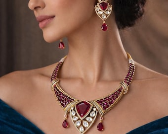 Royal Victorian Ruby Red Kundan Necklace Set | Polki Gold Choker with Earrings | IndianJewellery