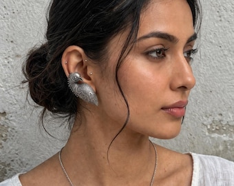 Oxidized Silver Parrot Ear Cuff: Handmade Indian Boho Jewelry | Pretty Earrings | Gift for her