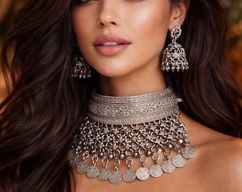 Oxidized Silver Chitai Torque Hasuli Necklace – Tribal Indian Boho Choker with Coin & Ghungroo Tassels