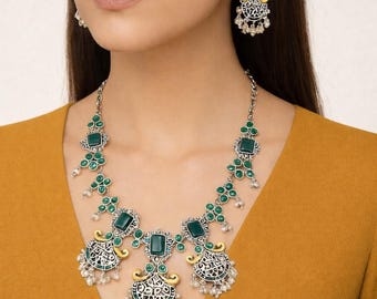 Oxidized Victorian Necklace Set with Earrings | Green Stone Necklace  Jewellry | Gift For Her