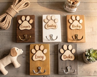 Custom Pet Name Wood Hook, Dog Paw Wall Art, Personalized Leash Storage, Entryway Wall Organizer, Gift for Dog Dad, Puppy Gear