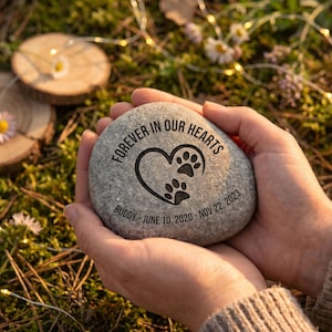Puede incluir: Una piedra conmemorativa gris ovalada sostenida en manos ahuecadas. La piedra está grabada con las palabras "Forever in Our Hearts", un corazón y huellas de patas. Debajo, el nombre "Buddy" y las fechas "June 10, 2020 - Nov 22, 2023."