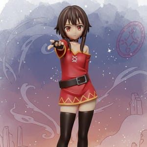 Könnte beinhalten: Figur einer weiblichen Anime-Figur in einem roten Kleid, schwarzem Gürtel und Overknee-Stiefeln. Die Figur hat braune Haare und zeigt nach vorne. Der Hintergrund zeigt ein Aquarelldesign mit einem himmlischen Thema.