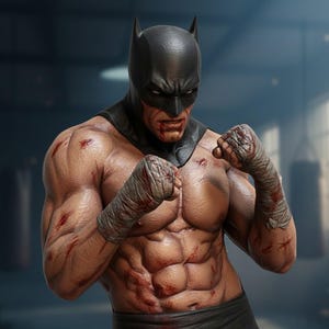 Può includere: Statua dettagliata di Batman in posizione di combattimento, con cappuccio e pantaloncini neri. Il suo torso è muscoloso e mostra segni di battaglia, con mani fasciate e sangue. Lo sfondo è un ambiente palestra sfocato.