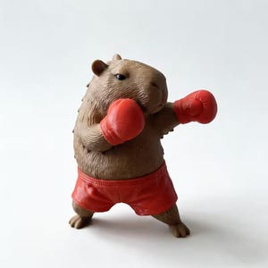 May include: A brown capybara figurine wearing red boxing gloves and red shorts, posed in a boxing stance. The figurine has a detailed fur texture and is set against a plain white background.