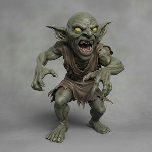 Peut inclure: Figurine détaillée d'un gobelin vert avec des yeux jaunes, une bouche ouverte et des dents pointues. Le gobelin porte une tunique marron déchirée et a de longs doigts en forme de griffes. La figurine est posée de manière menaçante, sur fond gris.