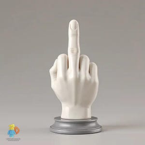 以下が含まれることがあります： 白いセラミック製のハンド彫刻で、中指が立てられています。 手は灰色の円形の台座に取り付けられています。 この彫刻はノベルティグッズで、背景は無地の灰色です。