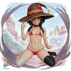 May include: A figurine of a character wearing a red bikini, black boots, and a brown hat with yellow and red accents. The character is kneeling with a bandaged leg, set against a backdrop of a town and a cloudy sky.