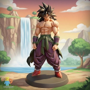 Peut inclure: Figurine détaillée d'un personnage musclé aux cheveux noirs hérissés, vêtu d'un pantalon violet, d'une ceinture verte et de bottes rouges. La figurine est posée sur une base grise foncée, avec en arrière-plan une cascade, des montagnes et un ciel coloré.