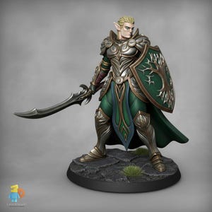 May include: A detailed figurine of a warrior elf in ornate armor, holding a curved sword and a shield with a tree emblem. The figure is predominantly silver, green, and gold, standing on a stone base. The elf has blonde hair and pointed ears.