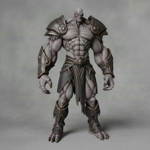 May include: A gray, muscular fantasy figure with a bald head and stern expression. The figure wears dark armor on the shoulders, arms, and legs, with gold accents. The figure has a torn, dark skirt and stands with a neutral pose.