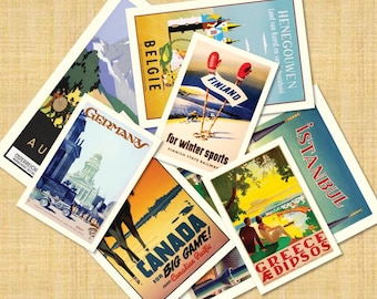 Juego de 12 postales vintage de viajes por el mundo / Colección de tarjetas clásicas globales