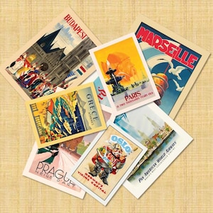 Puede incluir: Una colección de postales de viaje vintage con destinos como Budapest, París y Oslo. Las postales muestran ilustraciones coloridas de monumentos y paisajes urbanos, con textos como nombres de ciudades y frases como "Capital Vikinga de Noruega."
