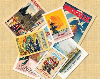 May include: A collection of vintage travel postcards featuring destinations like Budapest, Paris, and Oslo. The postcards showcase colorful illustrations of landmarks and cityscapes, with text including city names and phrases like "Norway's Viking Capital."