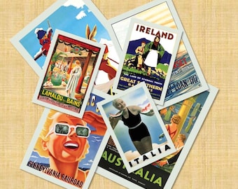 May include: A collection of vintage travel posters featuring destinations like Ireland, Italy, and Australia. The posters showcase colorful illustrations and text, including "Pennsylvania Railroad" and "Lamalou-Bains".