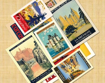 May include: A collection of vintage travel posters featuring scenic locations. The posters display colorful illustrations of castles, landscapes, and cityscapes. Text includes "Quebec", "Carcas", "Alsace Lorraine Railways", and "Luxembourg". The posters are arranged on a textured, light brown surface.