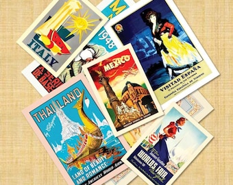 May include: A collection of vintage travel posters featuring destinations like Italy, Mexico, Thailand, and New York's World's Fair. The posters have colorful illustrations and text, with a retro aesthetic. The posters are arranged on a light brown surface.