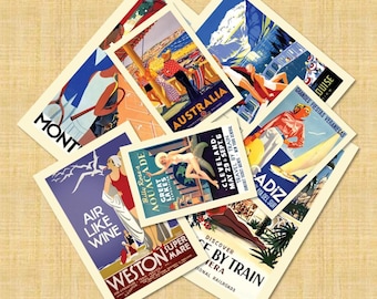 May include: A collection of vintage travel posters featuring destinations like Australia, Cleveland, and Cadiz. The posters showcase retro designs with vibrant colors and text, including "Air Like Wine" and "Discover by Train."