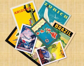 May include: A collection of vintage travel posters featuring destinations like Arizona, Hawaii, Brazil, and Zurich. The posters showcase colorful illustrations and text, with a retro aesthetic. The posters are arranged on a textured, light brown surface.