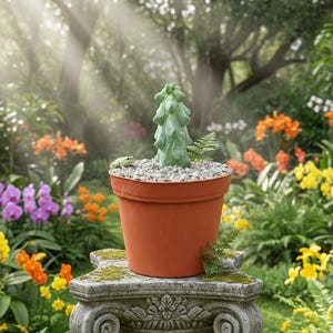 May include: A green, stylized cactus sculpture in a terracotta pot filled with gravel, set on a stone pedestal. A small green frog sits on the gravel. The background features a lush garden with colorful flowers and sunlight.