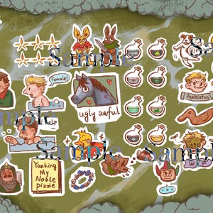 May include: A collection of colorful, whimsical stickers with various illustrations and text. Designs include cartoon characters, animals, potion bottles, and phrases like "ugly awful" and "Yanking My Noble Pizzle".