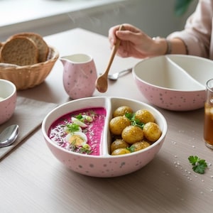 Może przedstawiać: Dzielona różowa ceramiczna miska z magentową zupą i pieczonymi ziemniakami. Drewniana łyżka trzymana nad miską. Scena obejmuje mały dzbanek, chleb i nakrycie stołu, tworząc atmosferę jadalni.