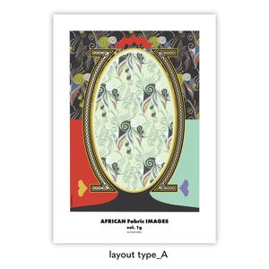 以下が含まれることがあります： 明るい緑色の背景に、黒、白、カラフルな形が繰り返されるパターンが特徴的な、楕円形のデザインのアートプリント。 デザインは金の縁で縁取られ、赤、緑、黒の背景に配置されています。 下部のテキストは「AFRICAN Fabric Images vol. 1g」と書かれています。
